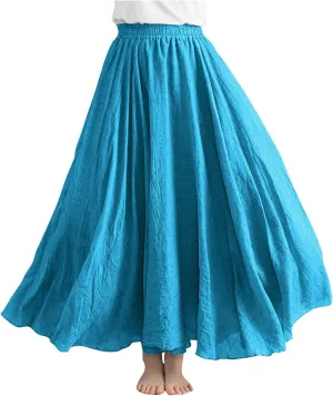 Cotton Linen Maxi Skirt for Women High Waist Flowy Beach Long SkirtsSolid Color Boho Casual Elastic Waist Summer Style
