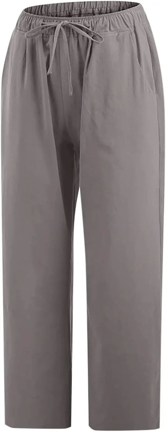 Cotton Linen Pants for Women 2025 Wide Leg Cropped Pant Drawstring Elastic Waist Lounge Trousers Summer Beach Outfits