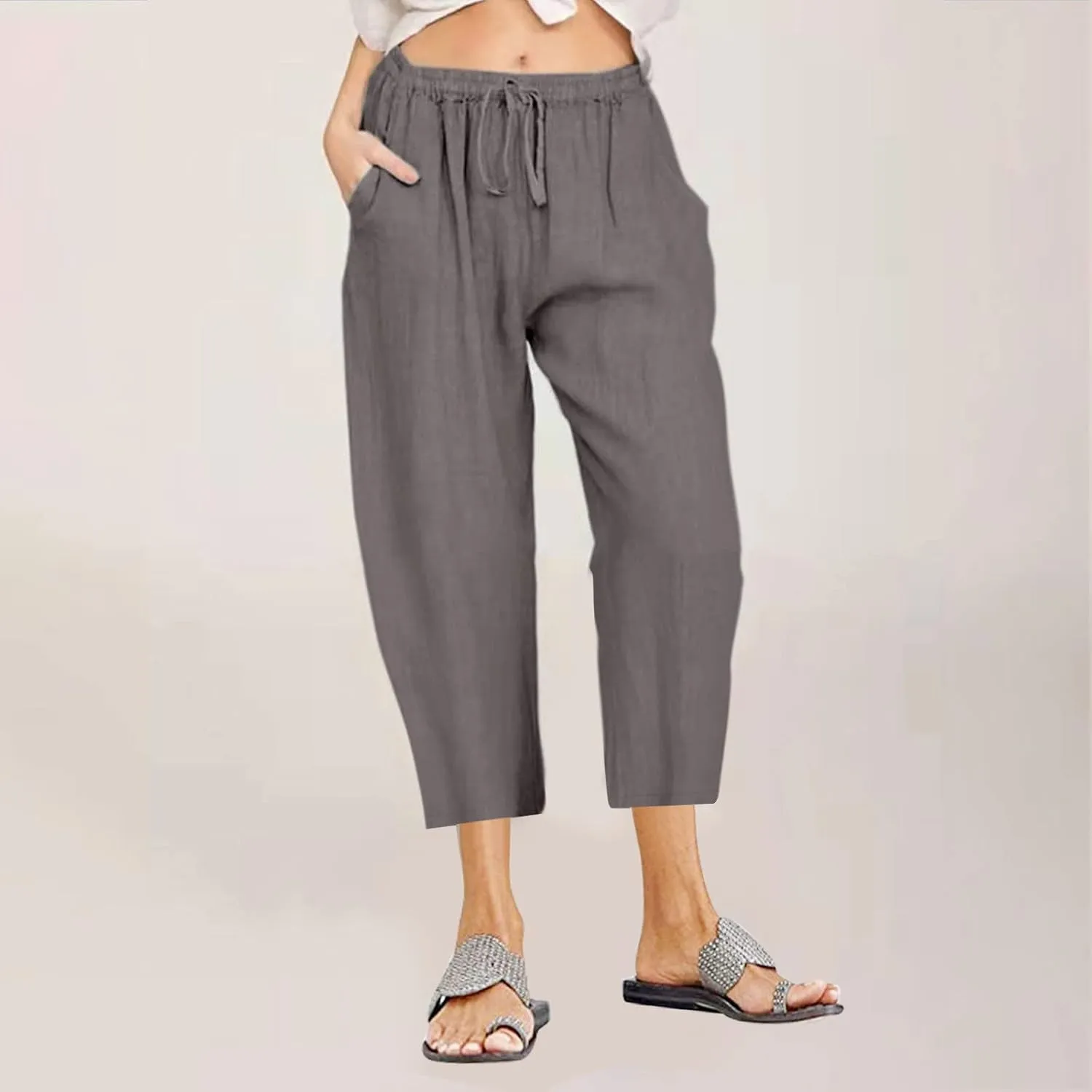 Cotton Linen Pants for Women 2025 Wide Leg Cropped Pant Drawstring Elastic Waist Lounge Trousers Summer Beach Outfits