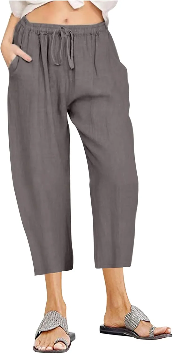 Cotton Linen Pants for Women 2025 Wide Leg Cropped Pant Drawstring Elastic Waist Lounge Trousers Summer Beach Outfits