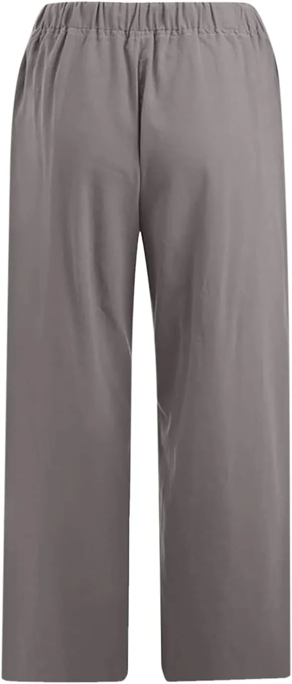 Cotton Linen Pants for Women 2025 Wide Leg Cropped Pant Drawstring Elastic Waist Lounge Trousers Summer Beach Outfits