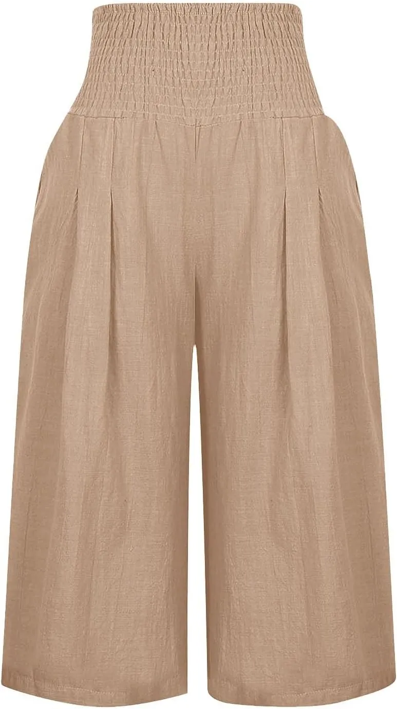 Cotton Linen Pants for Women Capris Plus Size Wide Leg Sweatpants Summer Beach Cropped Elastic Waist Capri Trousers