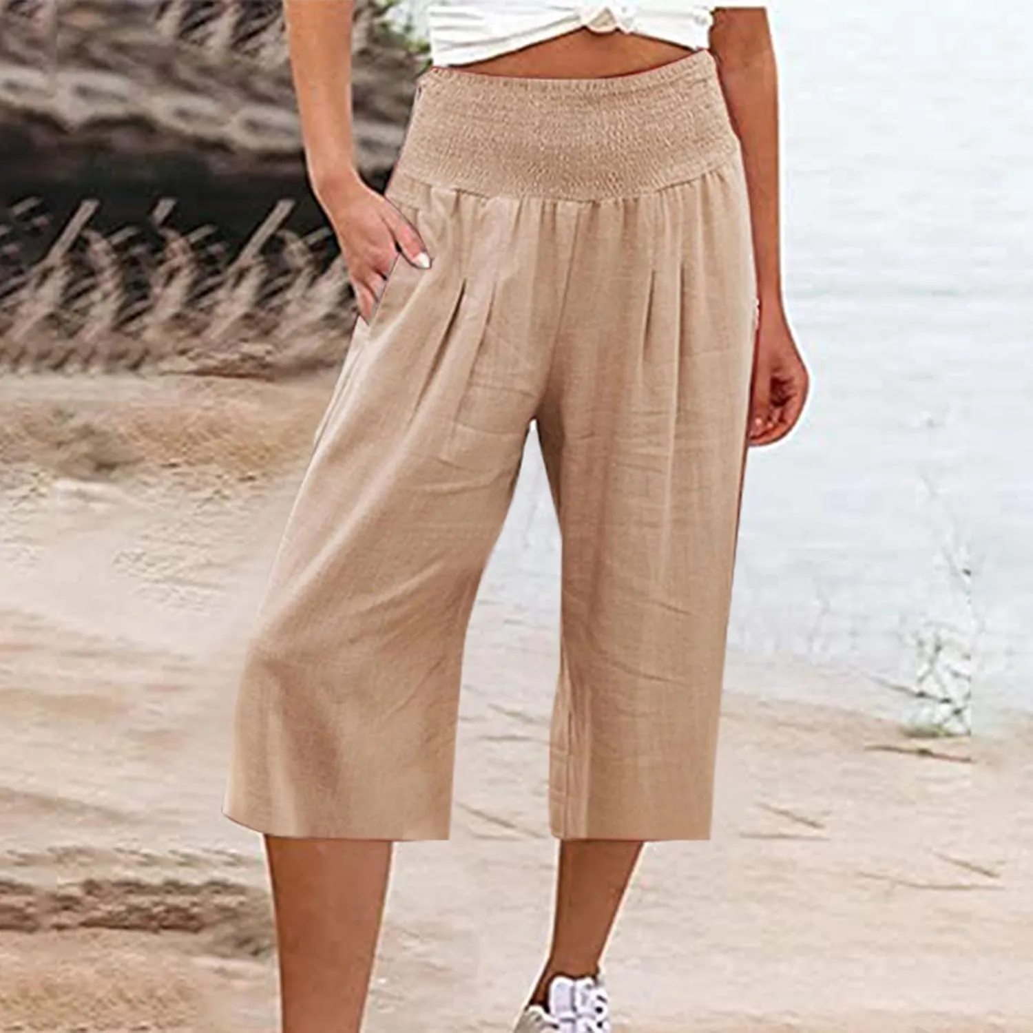 Cotton Linen Pants for Women Capris Plus Size Wide Leg Sweatpants Summer Beach Cropped Elastic Waist Capri Trousers