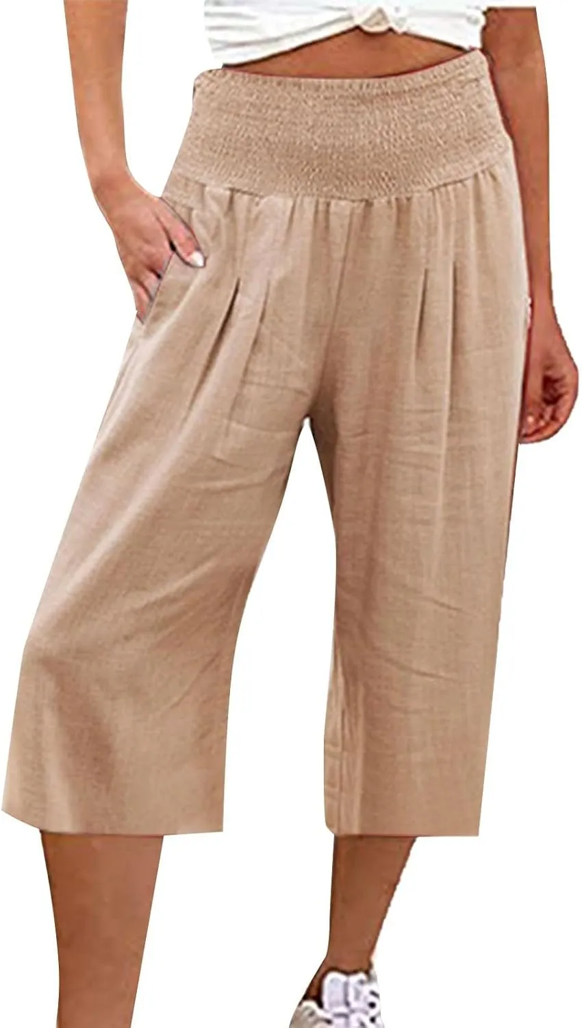 Cotton Linen Pants for Women Capris Plus Size Wide Leg Sweatpants Summer Beach Cropped Elastic Waist Capri Trousers