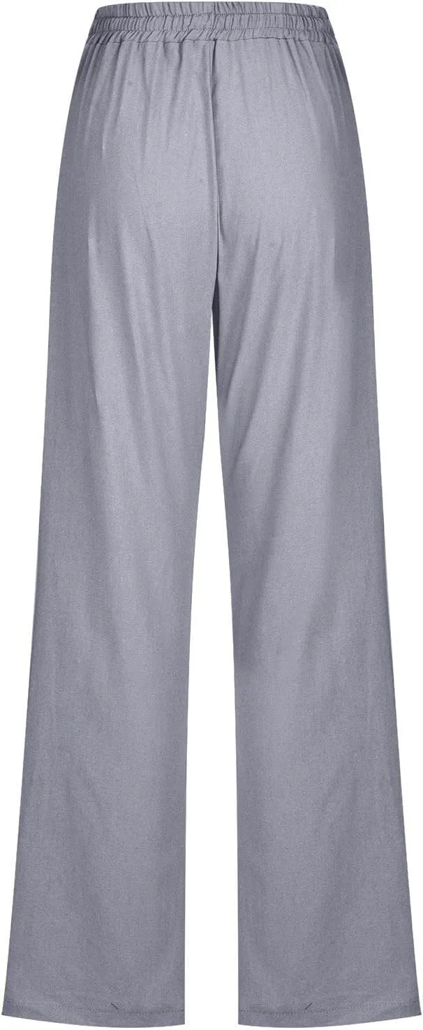 Cotton Linen Pants for Women Drawstring Straight Leg Trousers Lightweight High Waist Casual Pant Beach Travel Clothes
