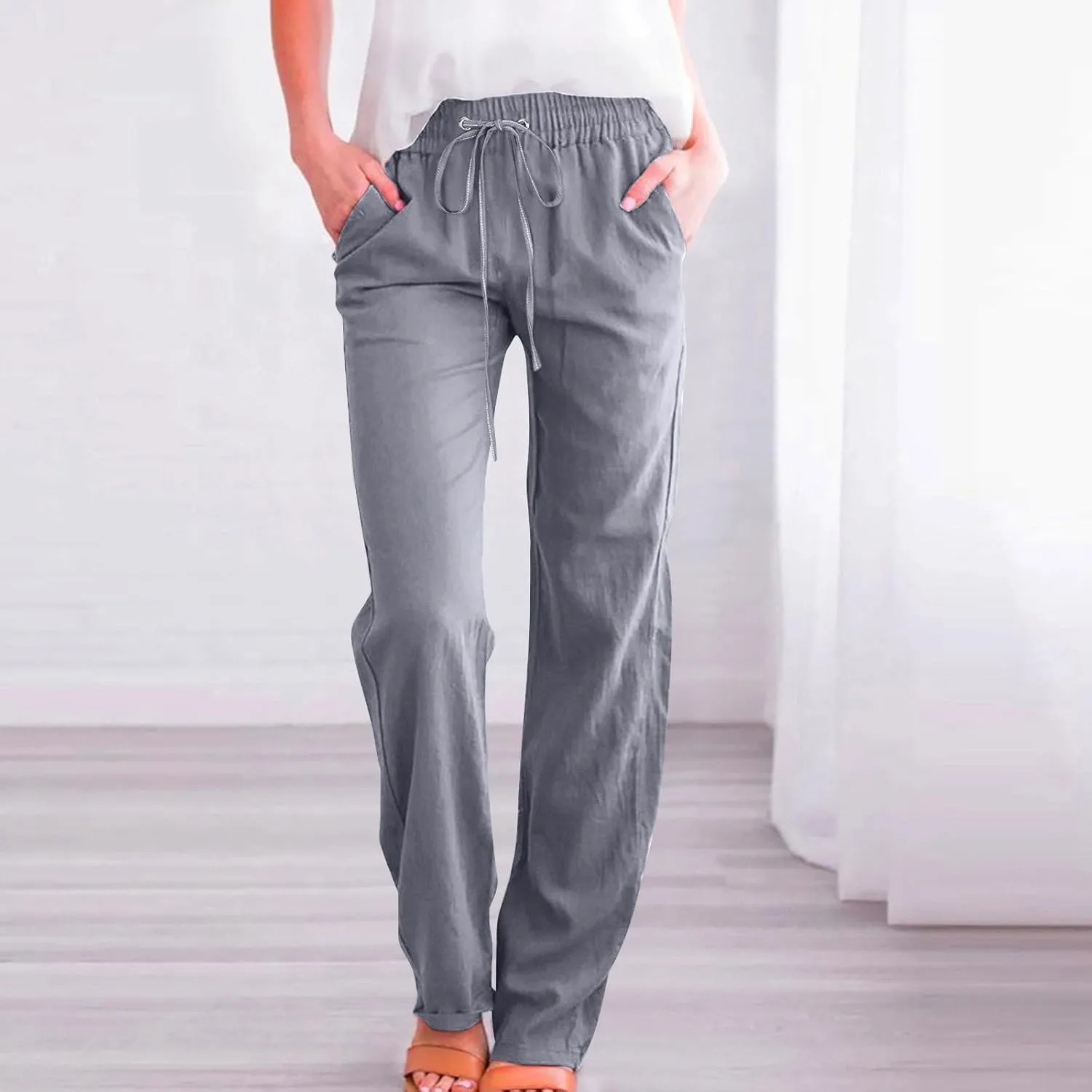 Cotton Linen Pants for Women Drawstring Straight Leg Trousers Lightweight High Waist Casual Pant Beach Travel Clothes
