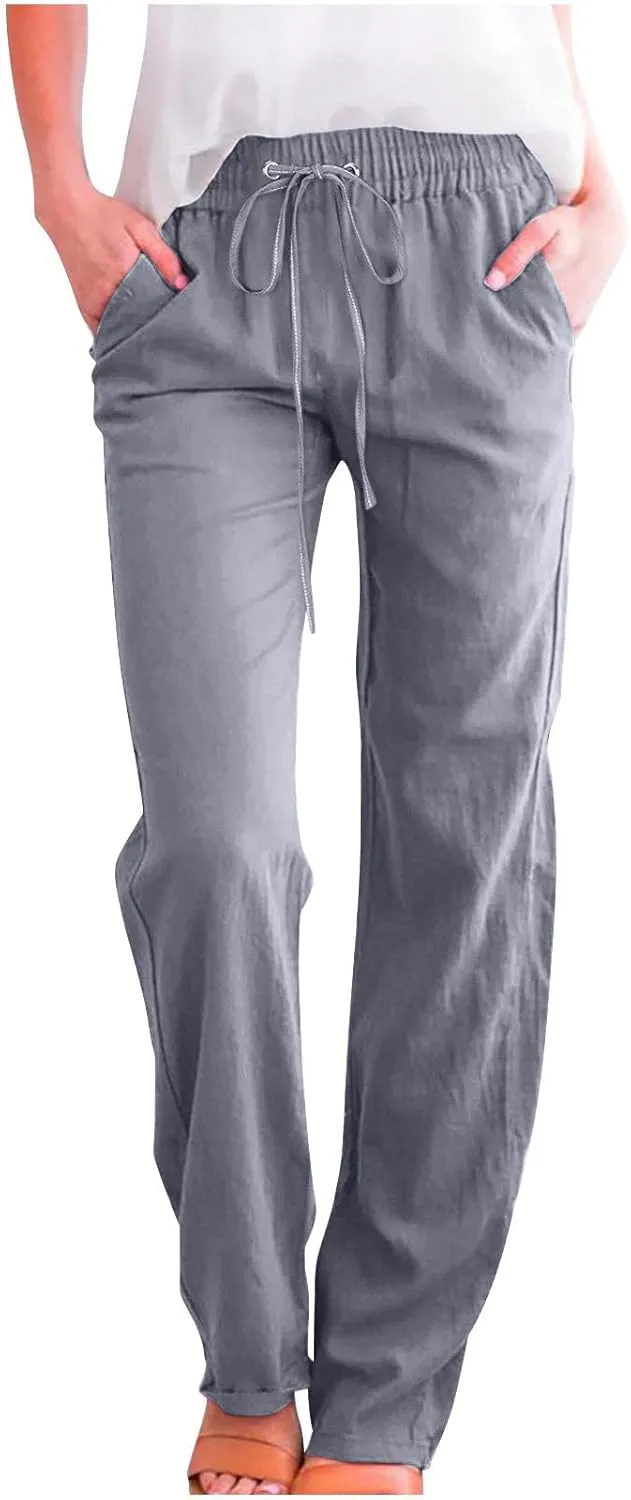 Cotton Linen Pants for Women Drawstring Straight Leg Trousers Lightweight High Waist Casual Pant Beach Travel Clothes