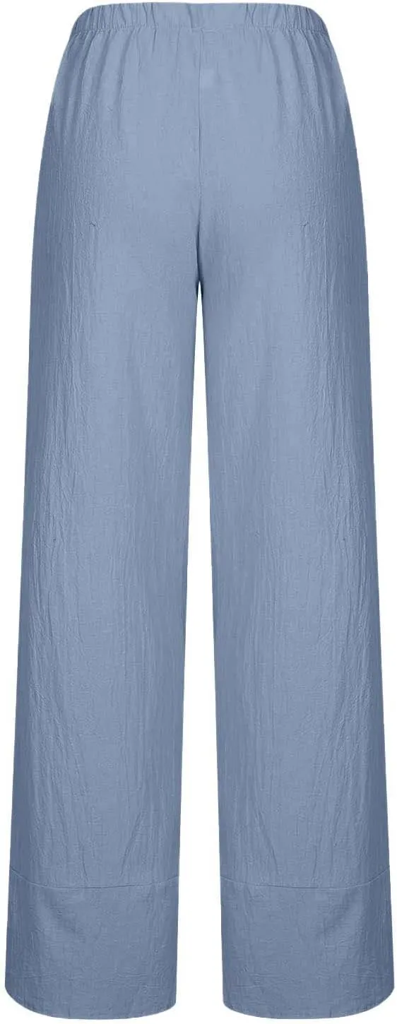 Cotton Linen Pants for Women Summer Wide Leg Capri Pants Petal Hem Baggy Cropped Trousers with Pockets