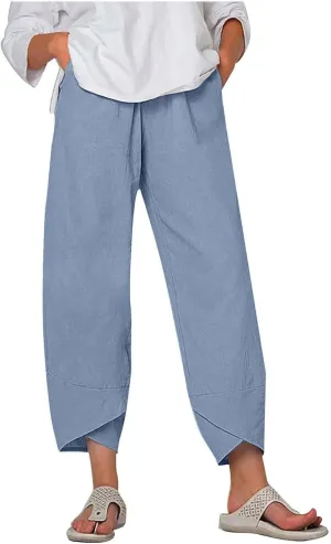 Cotton Linen Pants for Women Summer Wide Leg Capri Pants Petal Hem Baggy Cropped Trousers with Pockets