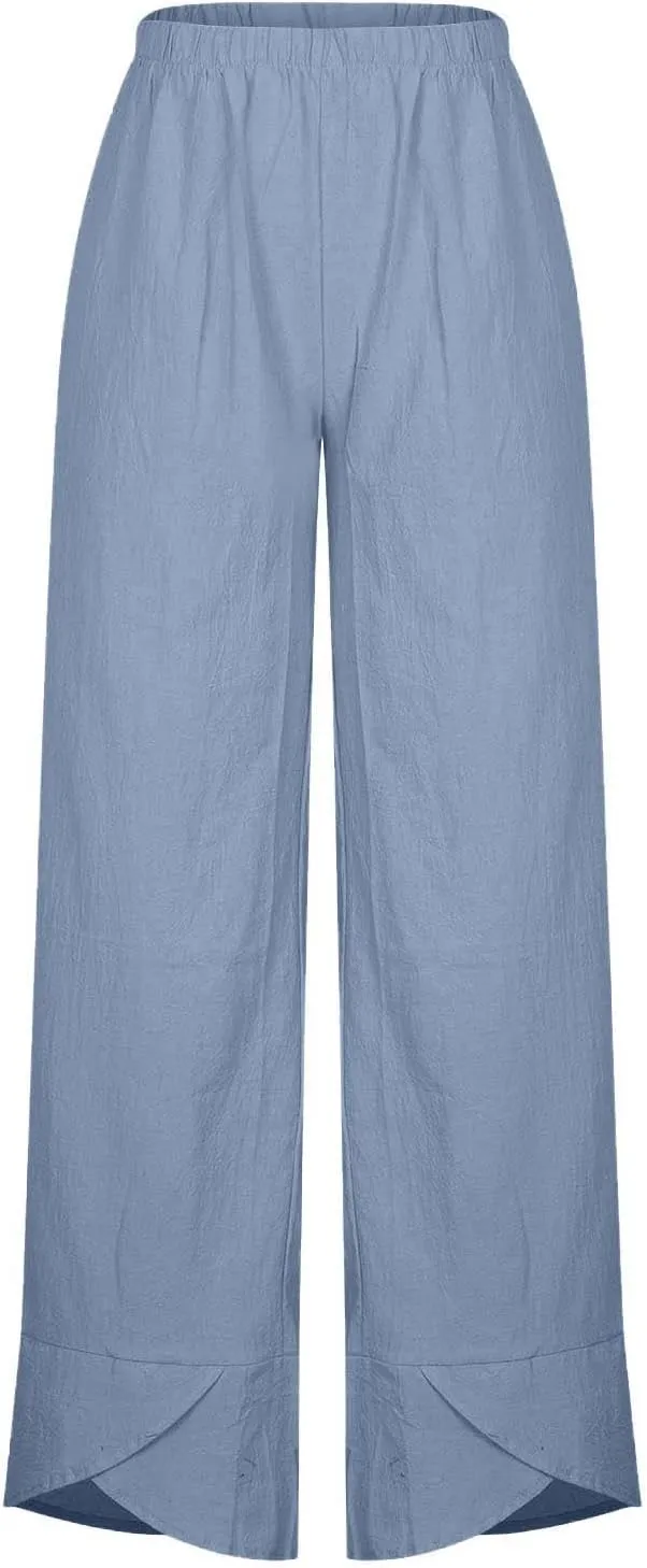 Cotton Linen Pants for Women Summer Wide Leg Capri Pants Petal Hem Baggy Cropped Trousers with Pockets