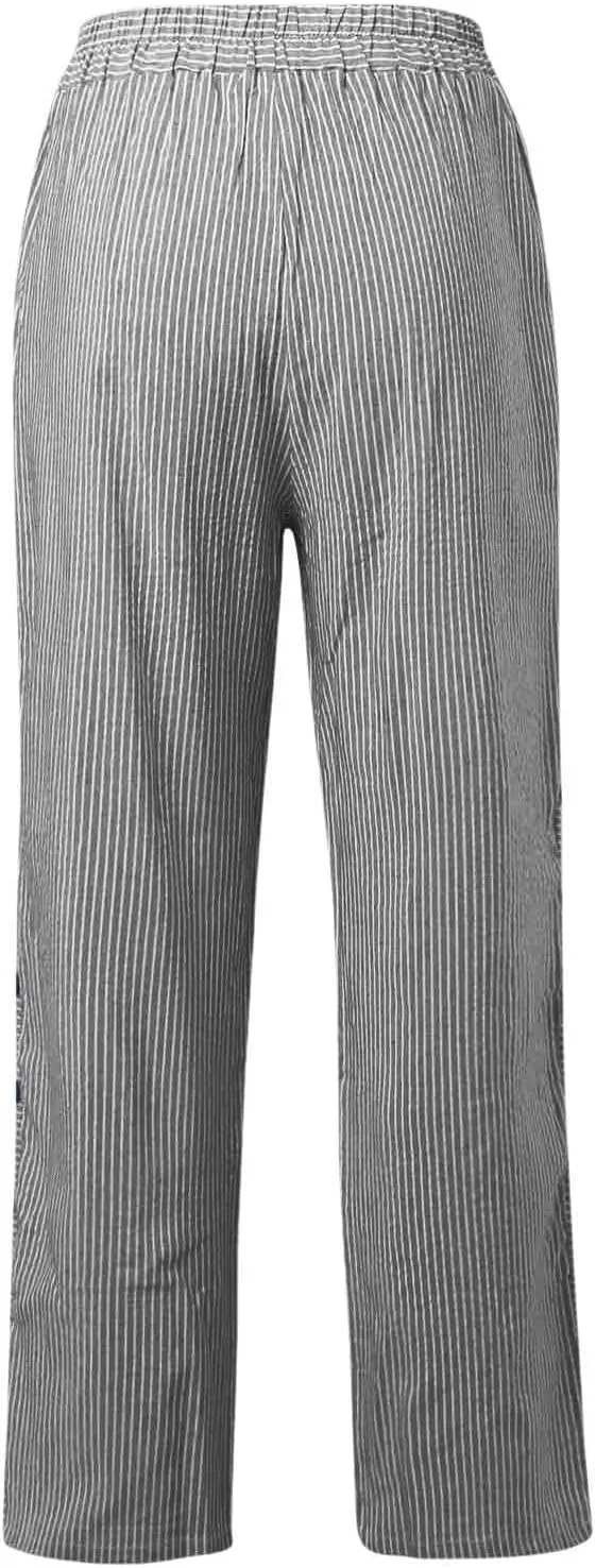 Cotton Linen Pants for Women Summer Wide Leg Elastic Straight Leg Lounge Pant Drawstring Lightweight Beach Trousers