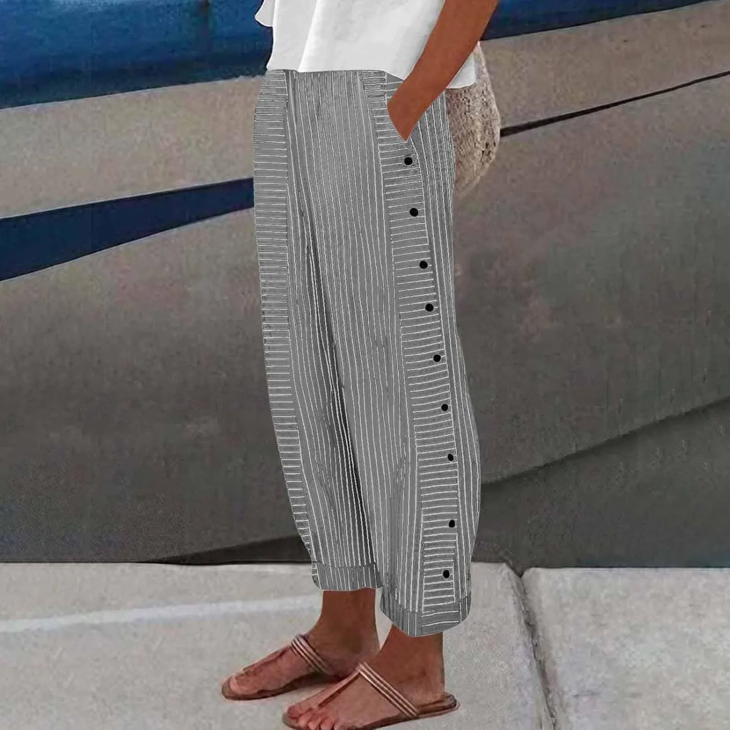 Cotton Linen Pants for Women Summer Wide Leg Elastic Straight Leg Lounge Pant Drawstring Lightweight Beach Trousers