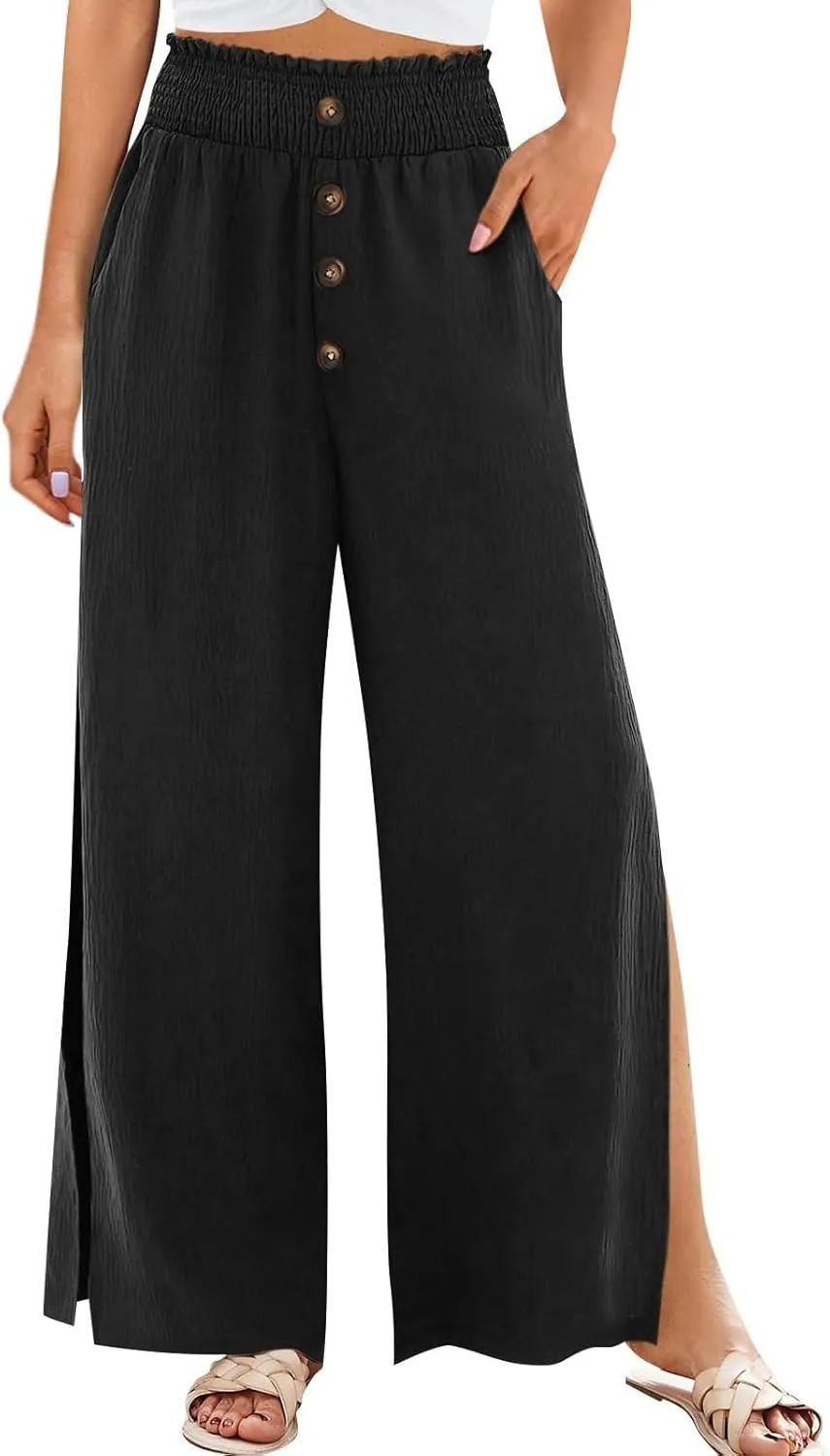 Cotton Linen Pants Women Summer Casual Loose Side Slit Wide Leg Pants Button Boho Flowy Paperbag Pants with Pockets