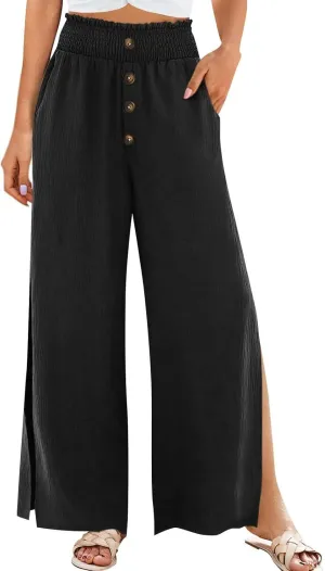 Cotton Linen Pants Women Summer Casual Loose Side Slit Wide Leg Pants Button Boho Flowy Paperbag Pants with Pockets