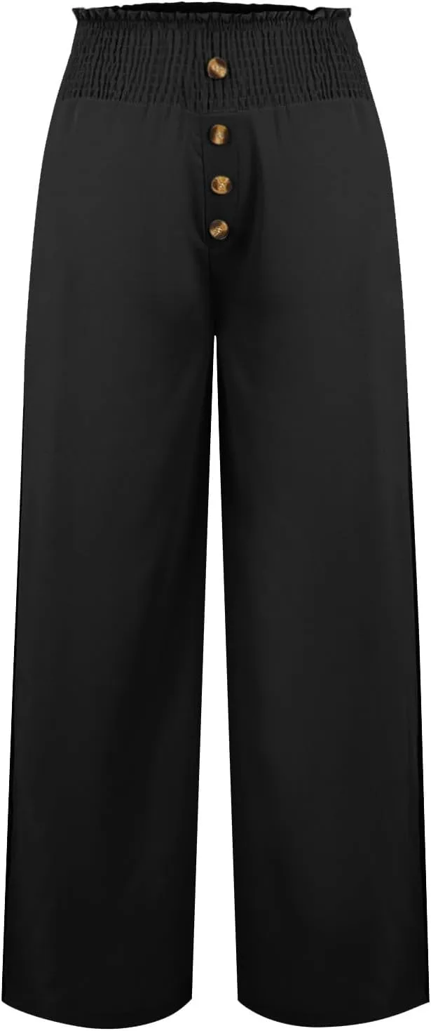 Cotton Linen Pants Women Summer Casual Loose Side Slit Wide Leg Pants Button Boho Flowy Paperbag Pants with Pockets