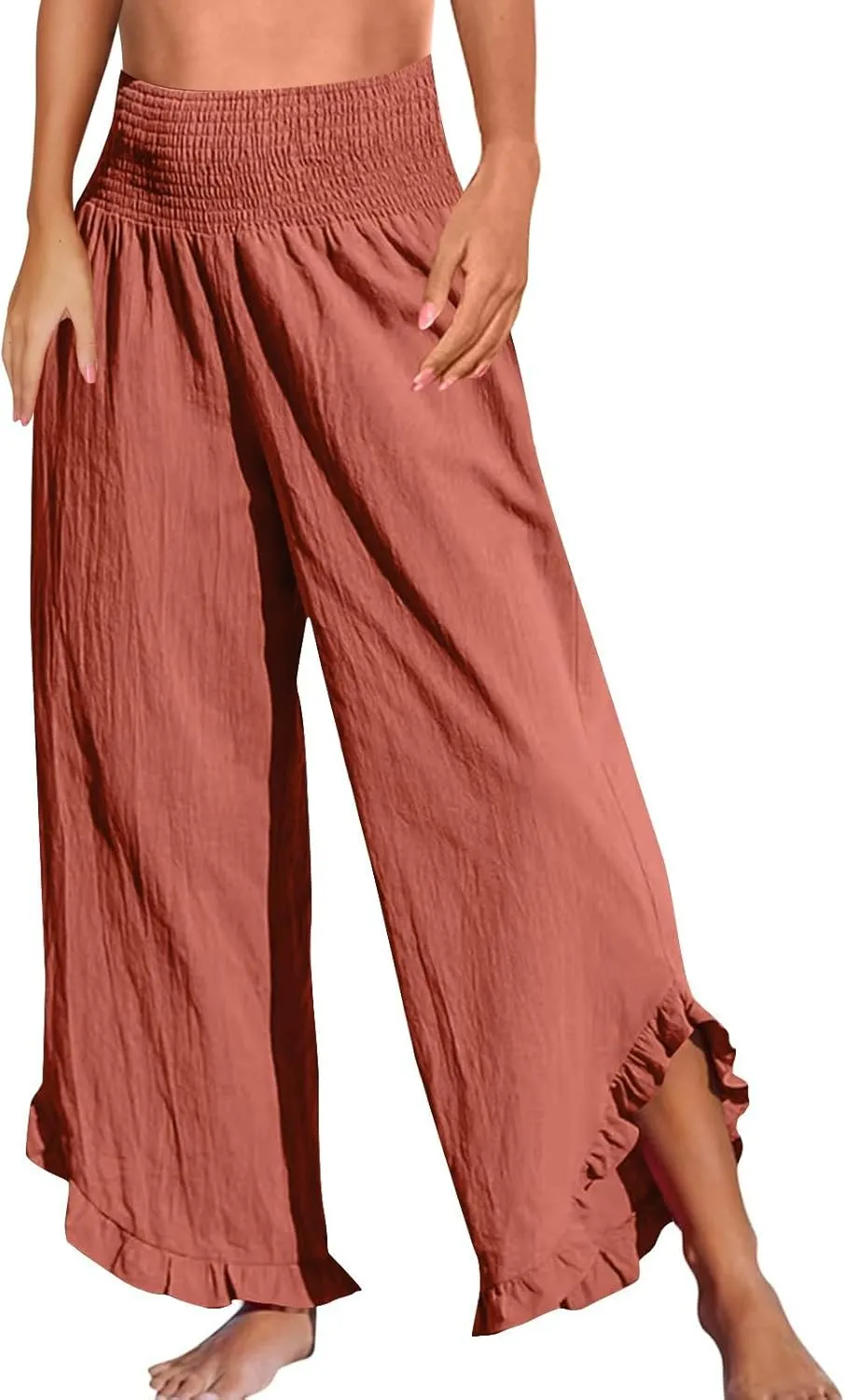 Cotton Linen Pants Women Summer Elastic High Waisted Ruffles Palazzo Pants Pull on Travel Vacation Trousers with Pockets