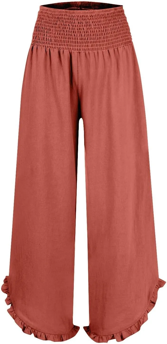 Cotton Linen Pants Women Summer Elastic High Waisted Ruffles Palazzo Pants Pull on Travel Vacation Trousers with Pockets