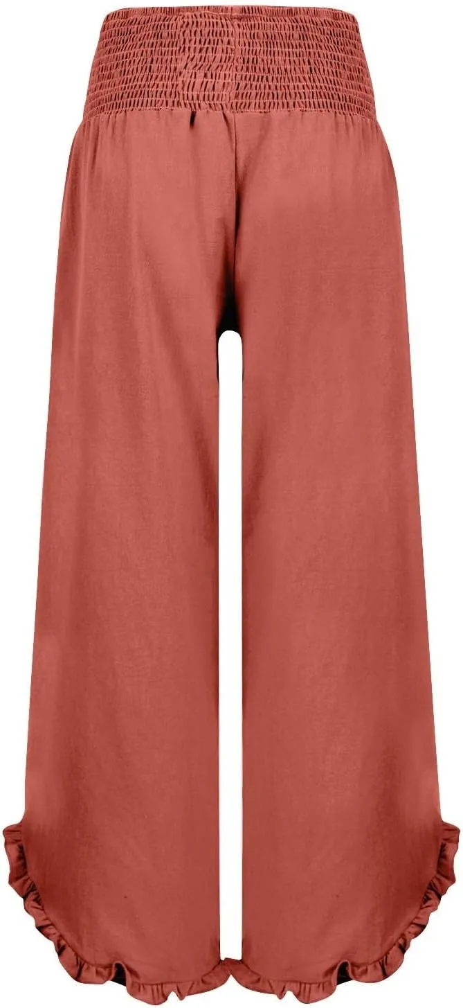 Cotton Linen Pants Women Summer Elastic High Waisted Ruffles Palazzo Pants Pull on Travel Vacation Trousers with Pockets