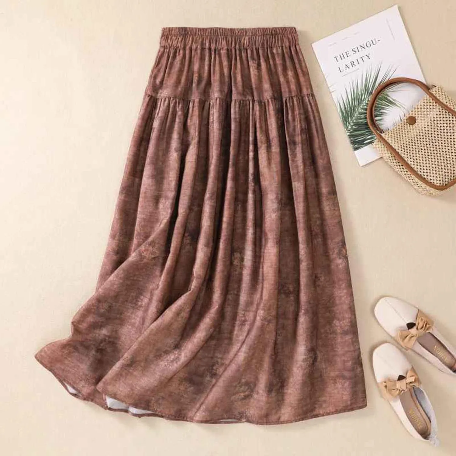 Cotton Linen Skirts for Women Summer Elastic High Waisted Ruffled Flowy Midi Skirt Casual Summer Ruched Loose Skorts