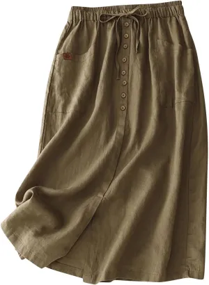 Cotton Linen Skirts for Women Summer Flowy Beach Skirt Casual Drawstring High Waist Button Slit A Line Midi Skirts