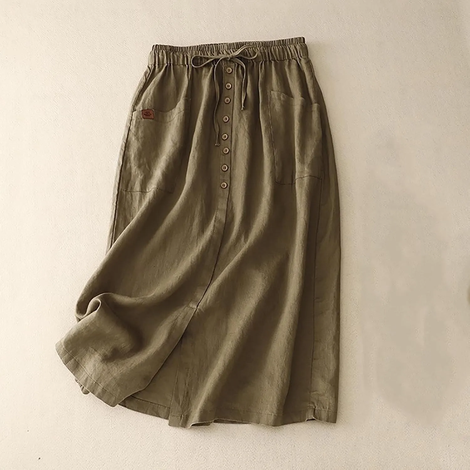 Cotton Linen Skirts for Women Summer Flowy Beach Skirt Casual Drawstring High Waist Button Slit A Line Midi Skirts