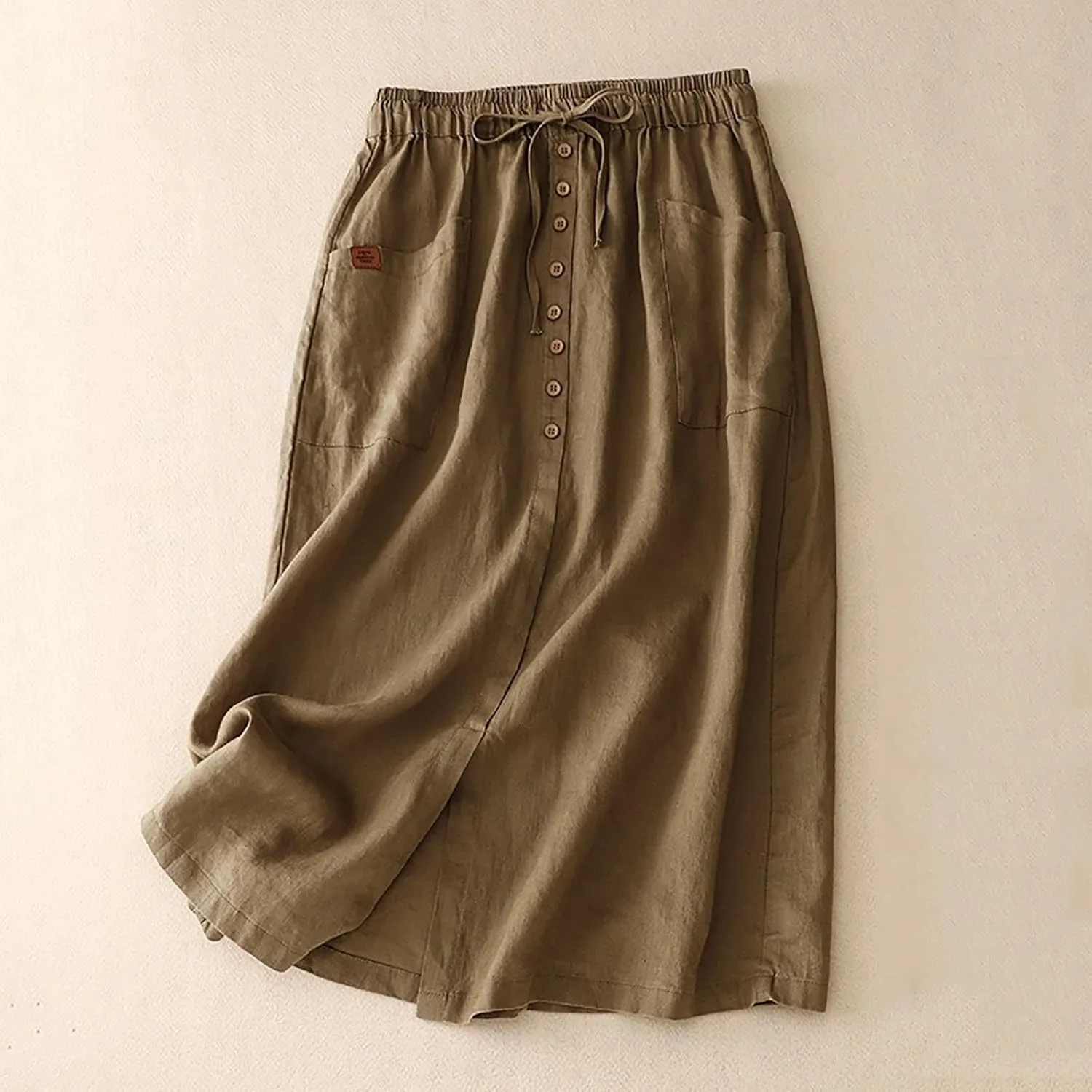 Cotton Linen Skirts for Women Summer Flowy Beach Skirt Casual Drawstring High Waist Button Slit A Line Midi Skirts