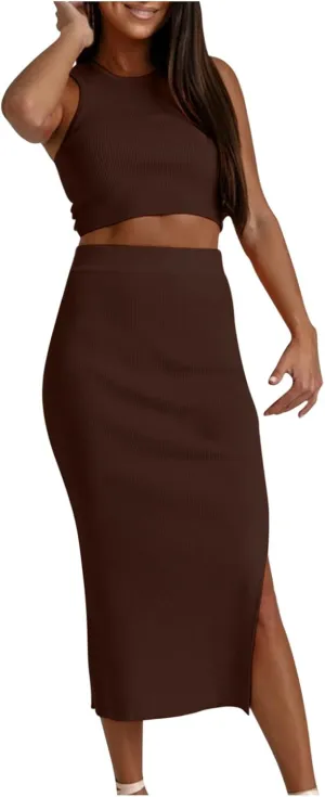 Curvy Summer Dresses for Women 2024 2 Piece Sexy Tank Top Side Slit High Waist Skirt Casual Trendy Bodycon Office