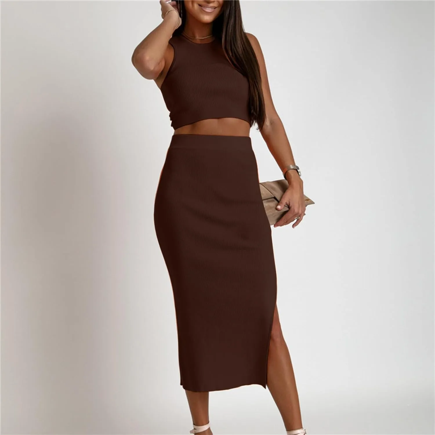 Curvy Summer Dresses for Women 2024 2 Piece Sexy Tank Top Side Slit High Waist Skirt Casual Trendy Bodycon Office