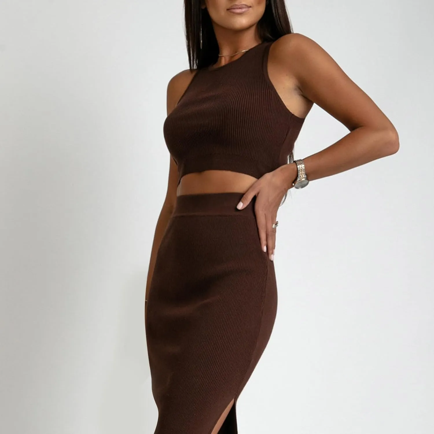 Curvy Summer Dresses for Women 2024 2 Piece Sexy Tank Top Side Slit High Waist Skirt Casual Trendy Bodycon Office