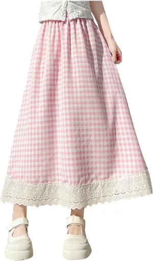 Cute Plaid Pleated Skirt for Women High Waisted Long Skirts A Line Midi Summer Dress Comfy Loose Fit Y2k Outfits