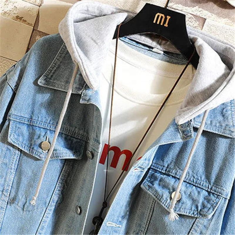 Denim Jacket Men Hooded Casual Jean Jackets Streetwear Solid Collar Coats