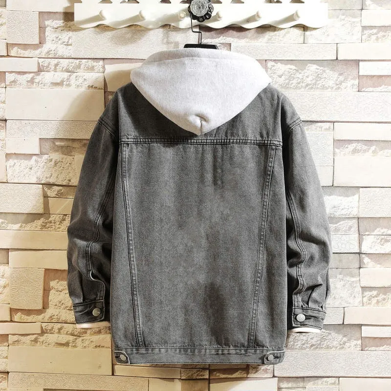 Denim Jacket Men Hooded Casual Jean Jackets Streetwear Solid Collar Coats