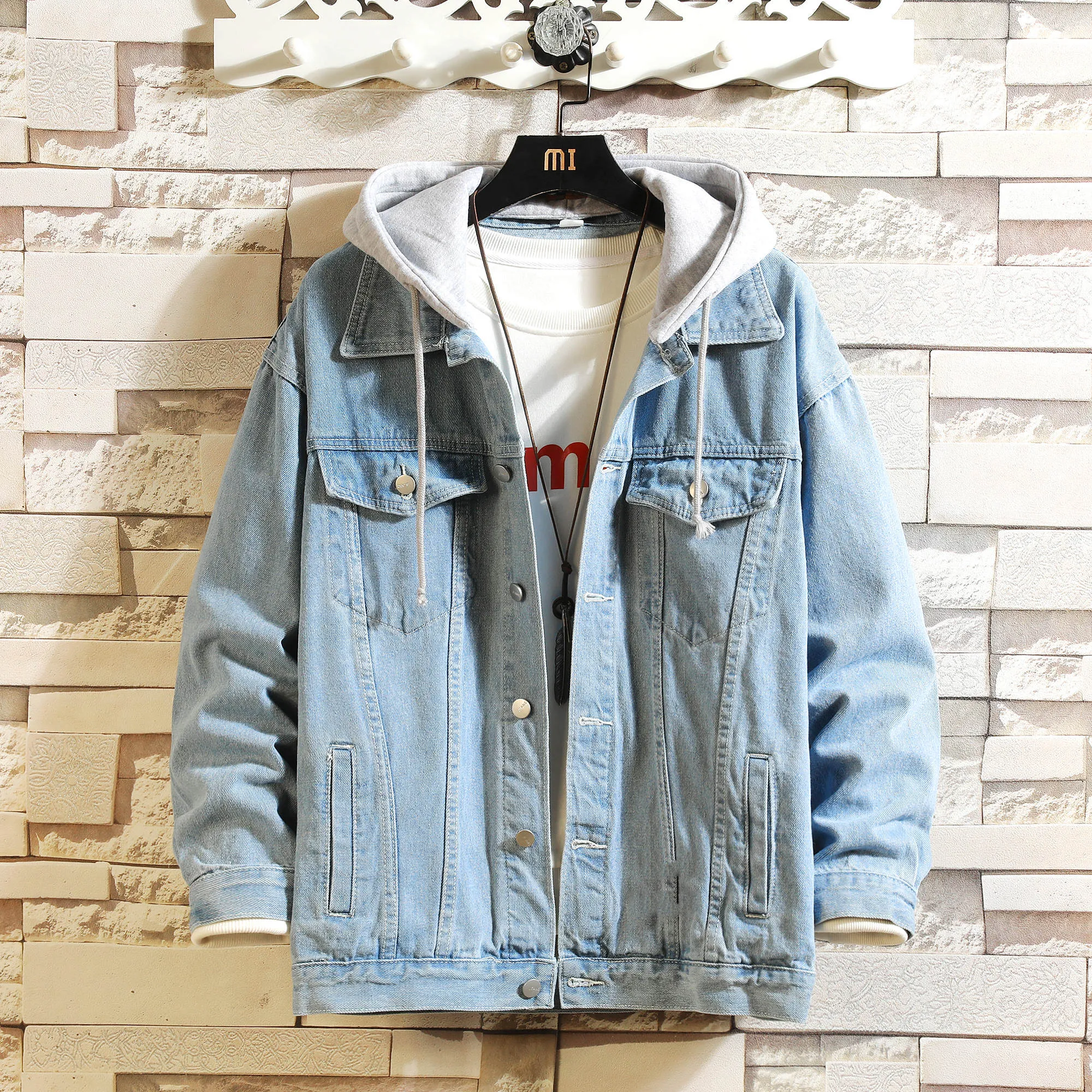 Denim Jacket Men Hooded Casual Jean Jackets Streetwear Solid Collar Coats