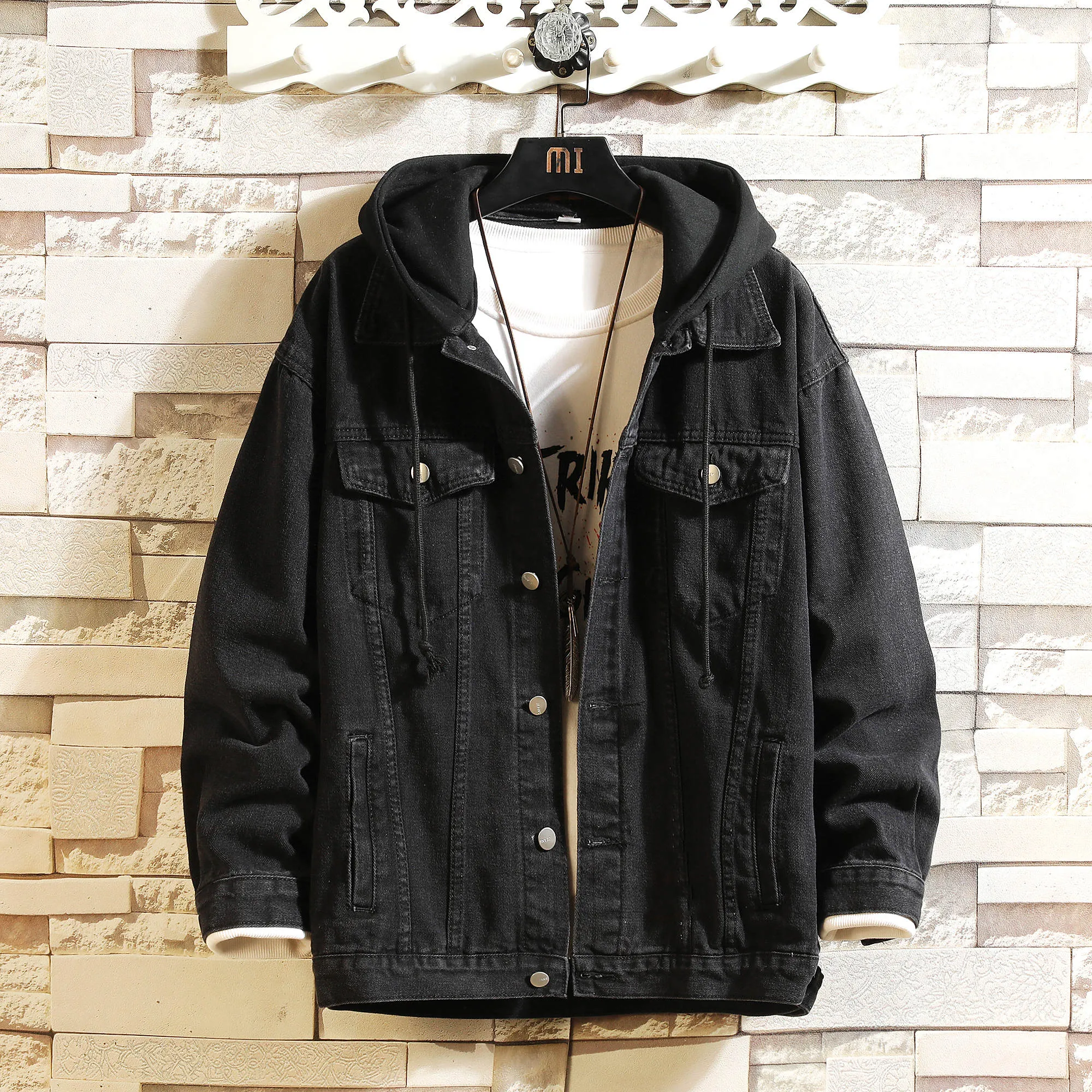 Denim Jacket Men Hooded Casual Jean Jackets Streetwear Solid Collar Coats