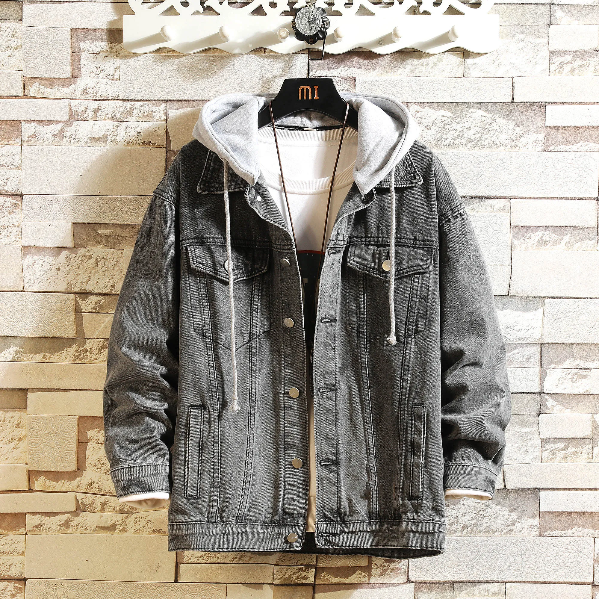 Denim Jacket Men Hooded Casual Jean Jackets Streetwear Solid Collar Coats