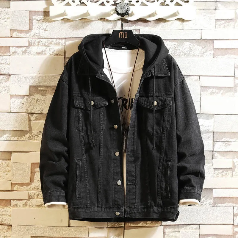 Denim Jacket Men Hooded Casual Jean Jackets Streetwear Solid Collar Coats