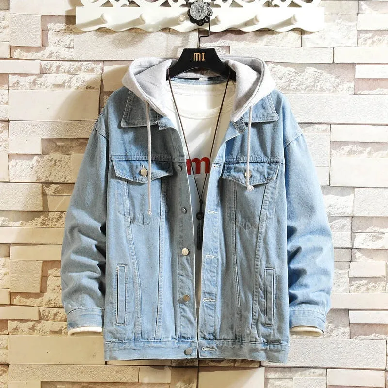 Denim Jacket Men Hooded Casual Jean Jackets Streetwear Solid Collar Coats