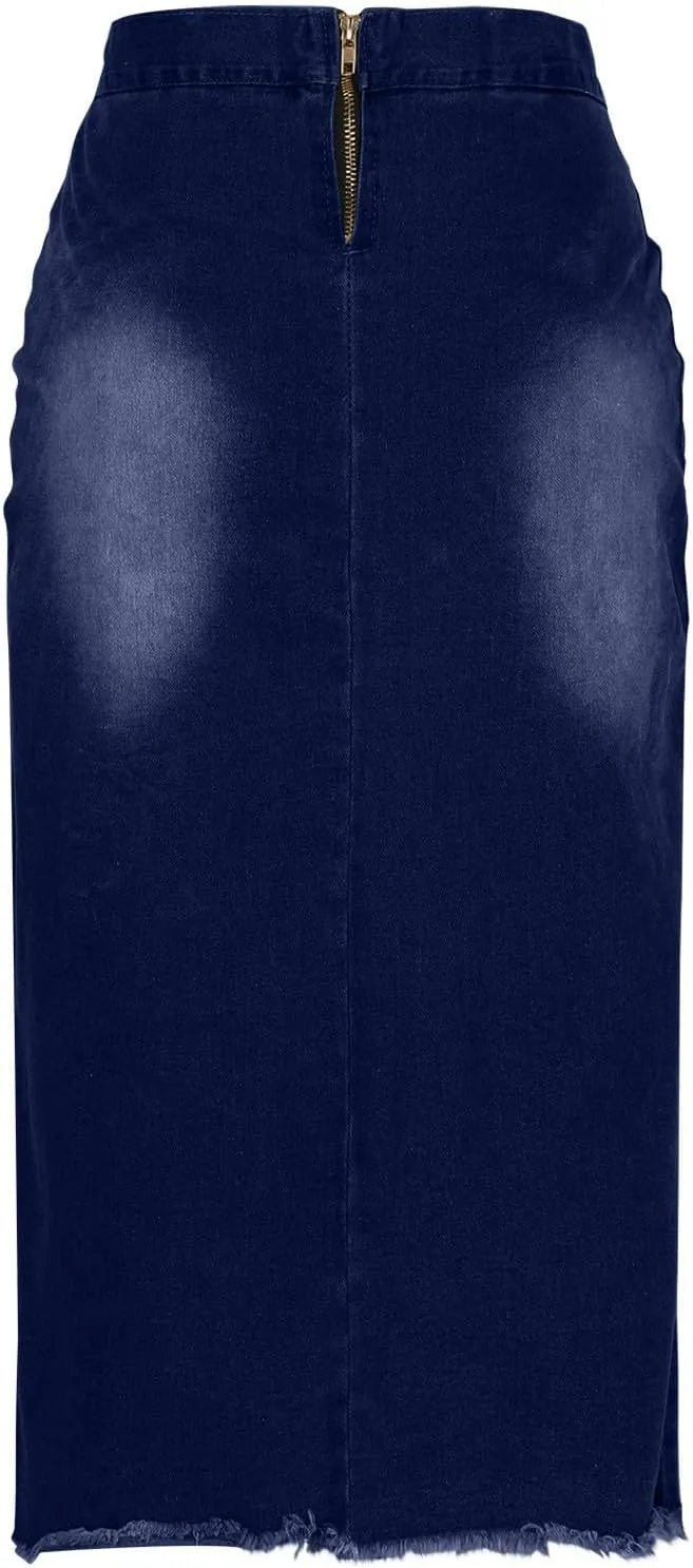 Denim Pencil Skirt for Women Lace-up Front Bodycon Jeans Skirt High Waist Gothic Punk Frayed Casual Work Skirts
