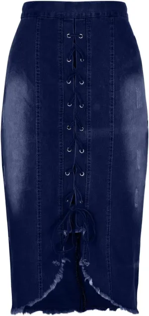 Denim Pencil Skirt for Women Lace-up Front Bodycon Jeans Skirt High Waist Gothic Punk Frayed Casual Work Skirts