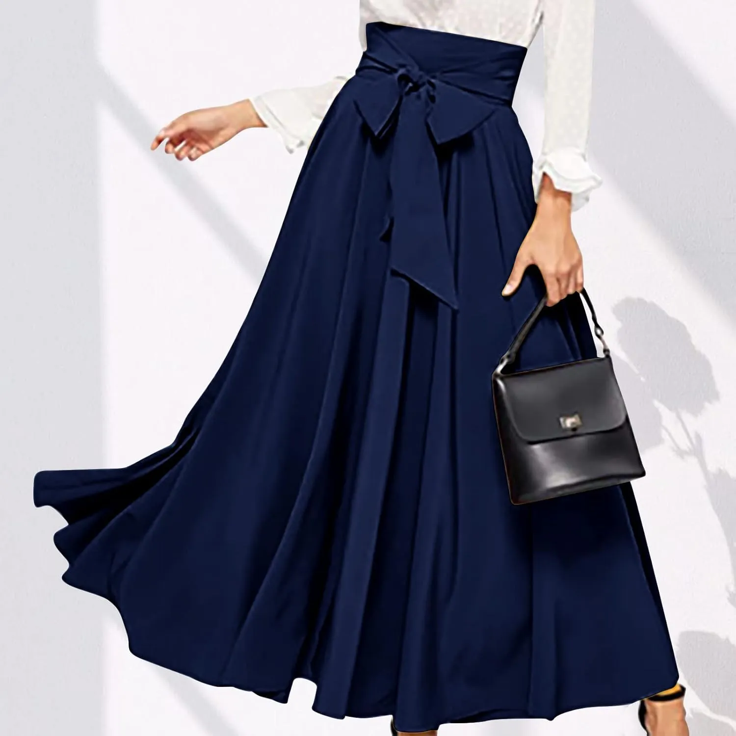 Elegant High Waisted Skirts for Women Elastic A Line Flared Skirt Stretchy Pleated Midi Skirts Ankle Length Skirt