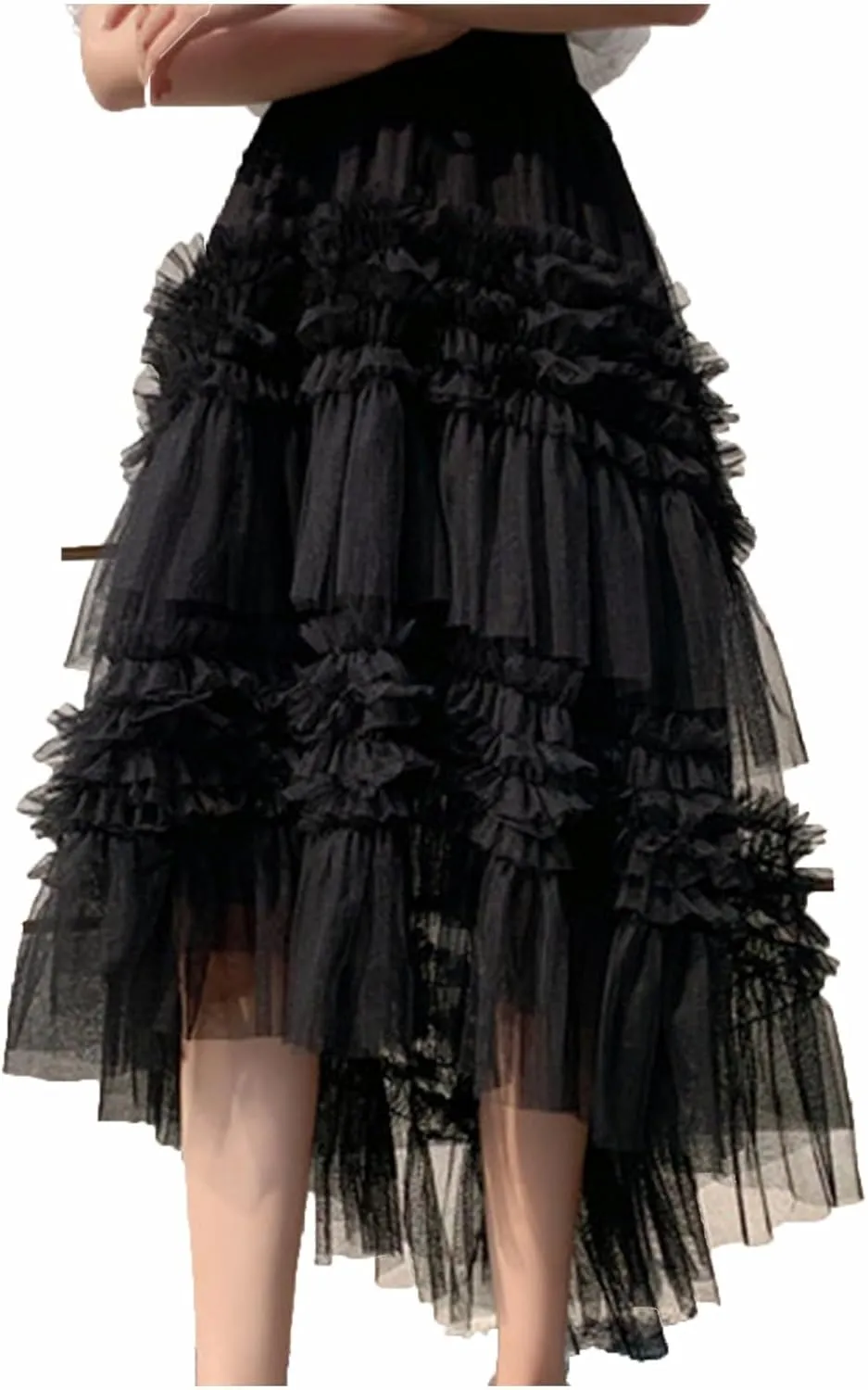 Fairy Tulle Midi Skirts for Women High Waist Ruffle Swing Aline Tutu Skirt Spring Summer Long Half Dress Outfits