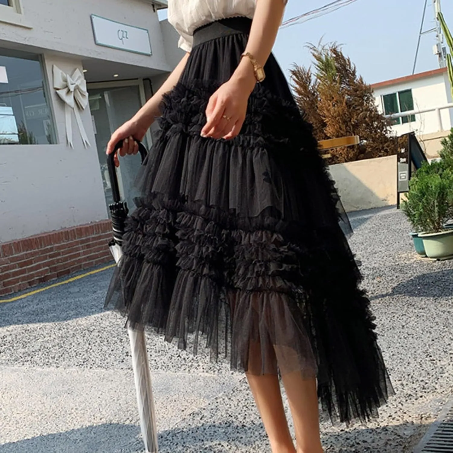 Fairy Tulle Midi Skirts for Women High Waist Ruffle Swing Aline Tutu Skirt Spring Summer Long Half Dress Outfits