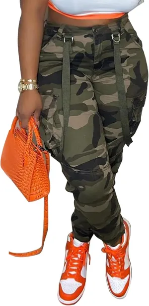 Famnbro Women Camo Pants Camouflage Cargo Pants Ankle Cuffed Army Fatigue Joggers Streetwear
