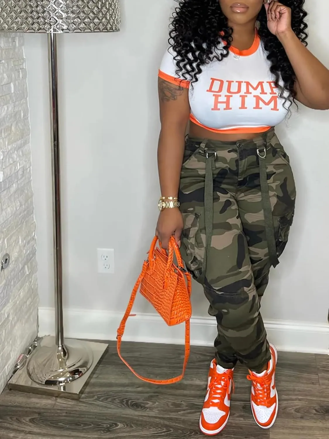 Famnbro Women Camo Pants Camouflage Cargo Pants Ankle Cuffed Army Fatigue Joggers Streetwear
