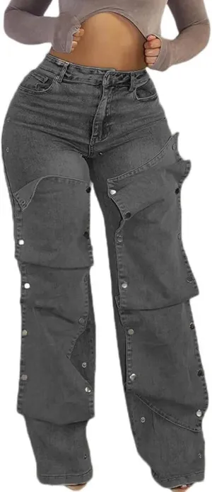 Famnbro Womens Baggy Cargo Jeans Y2K High Waisted Straight Wide Leg Detachable Denim Jeans