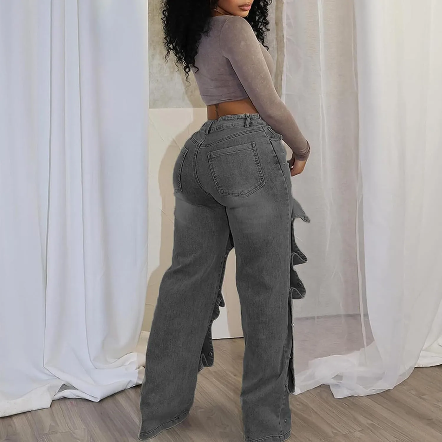 Famnbro Womens Baggy Cargo Jeans Y2K High Waisted Straight Wide Leg Detachable Denim Jeans