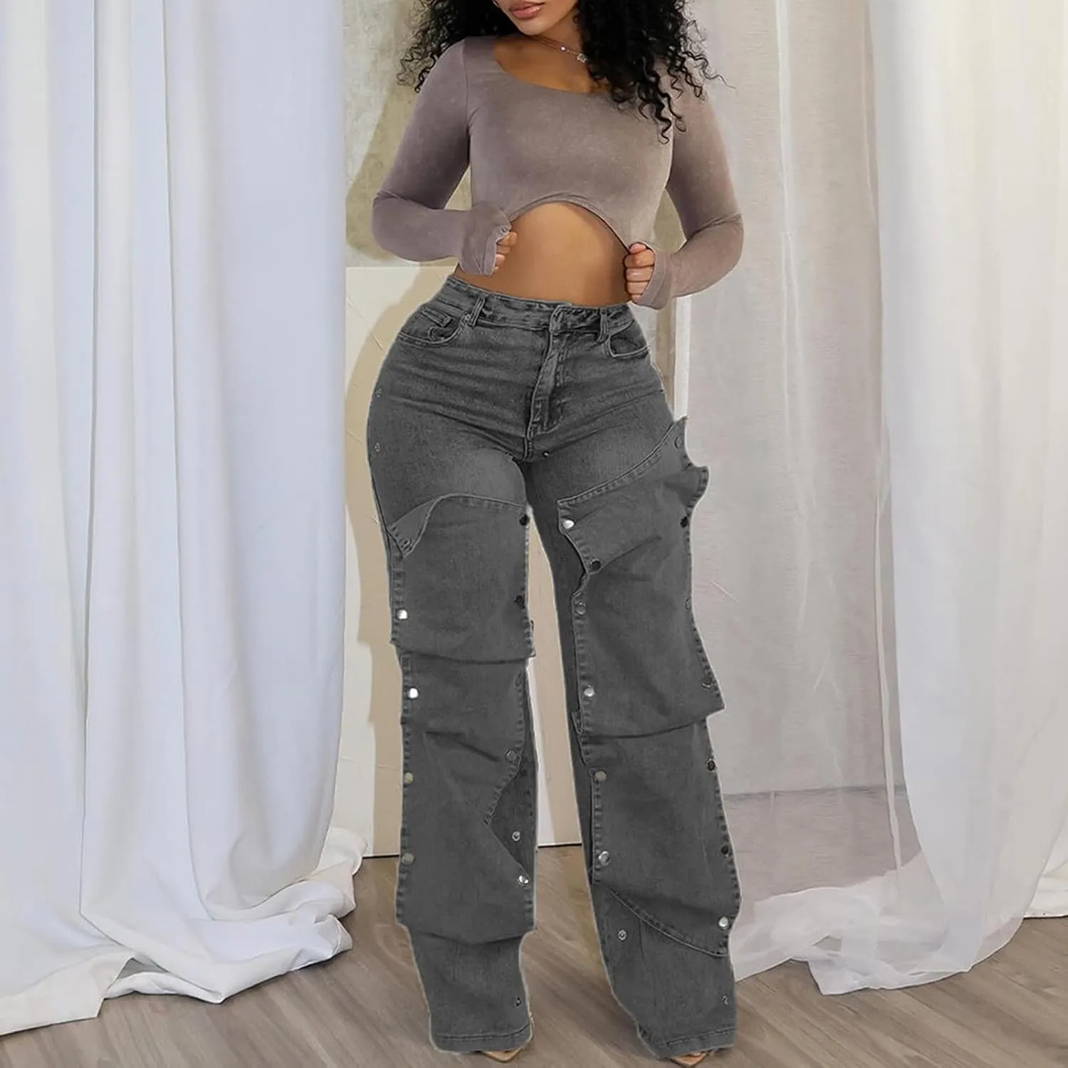 Famnbro Womens Baggy Cargo Jeans Y2K High Waisted Straight Wide Leg Detachable Denim Jeans
