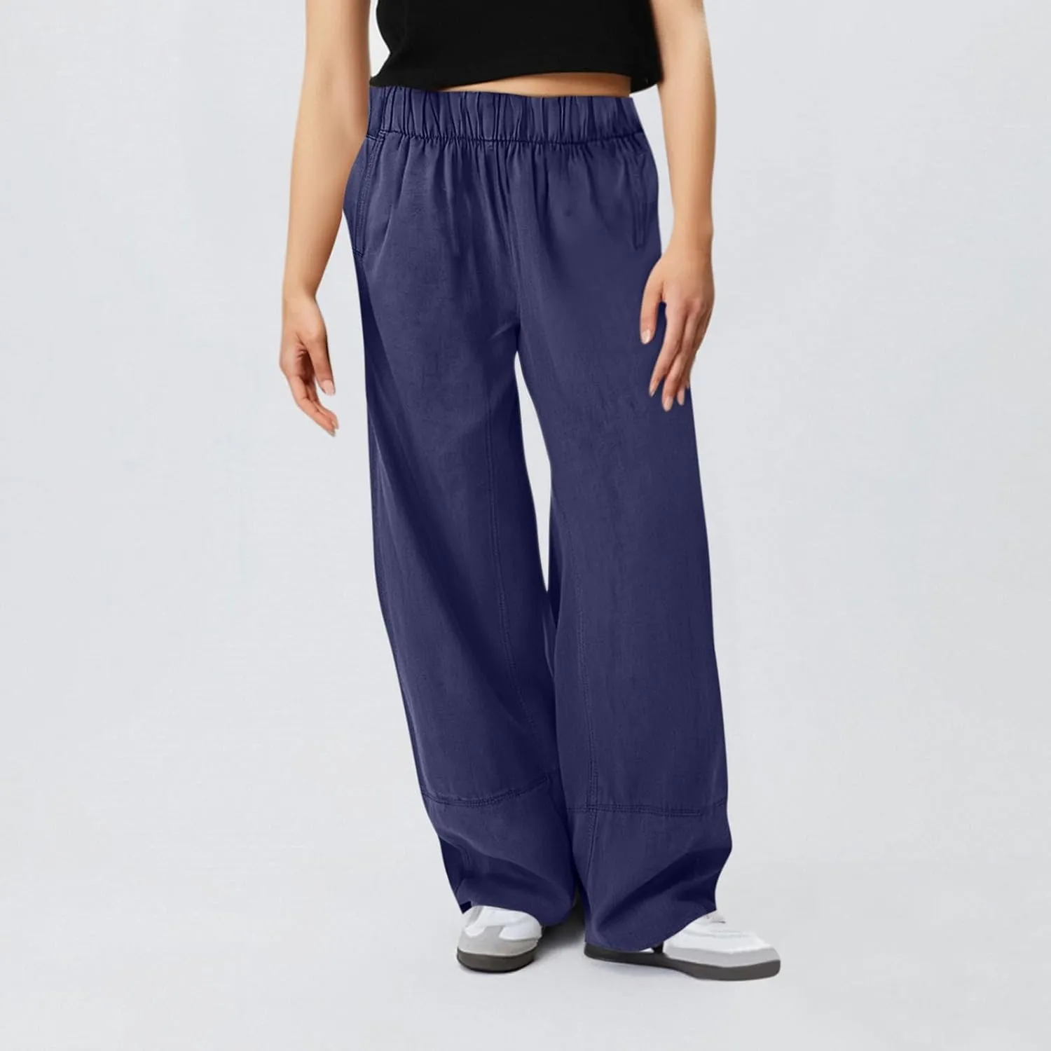 fanmpghleoo Wide Leg Linen Pants for Women Elastic High Waisted Palazzo Pants Summer Beach Travel Linen Trousers with Pockets
