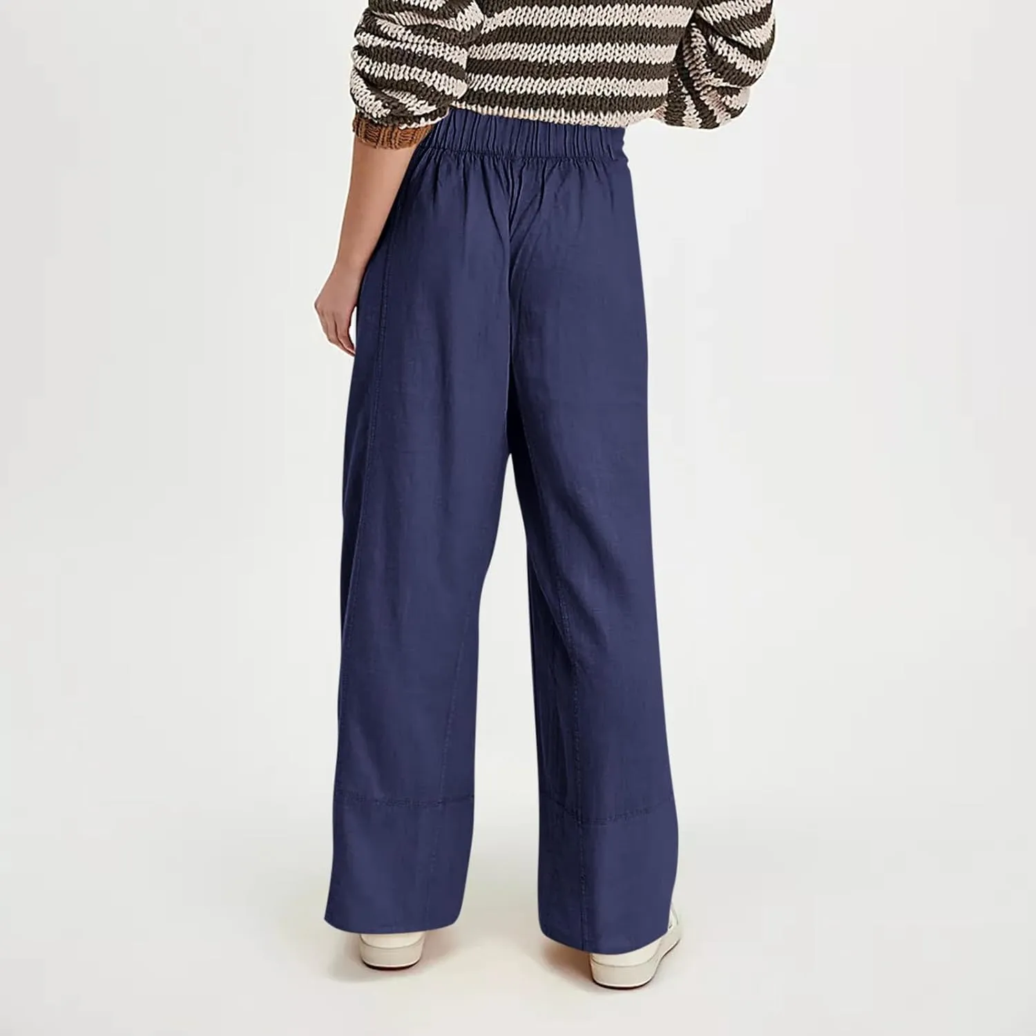 fanmpghleoo Wide Leg Linen Pants for Women Elastic High Waisted Palazzo Pants Summer Beach Travel Linen Trousers with Pockets