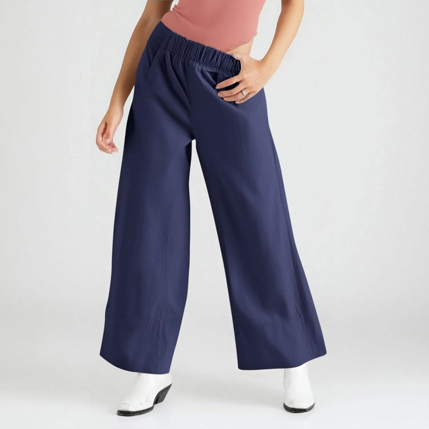 fanmpghleoo Wide Leg Linen Pants for Women Elastic High Waisted Palazzo Pants Summer Beach Travel Linen Trousers with Pockets